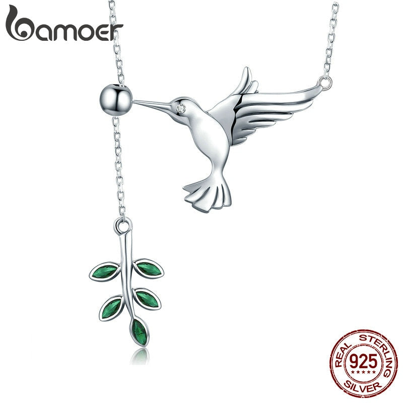 Sterling Silver Spring Bird & Tree Leaf Leaves Dangle Pendant Necklace for Women