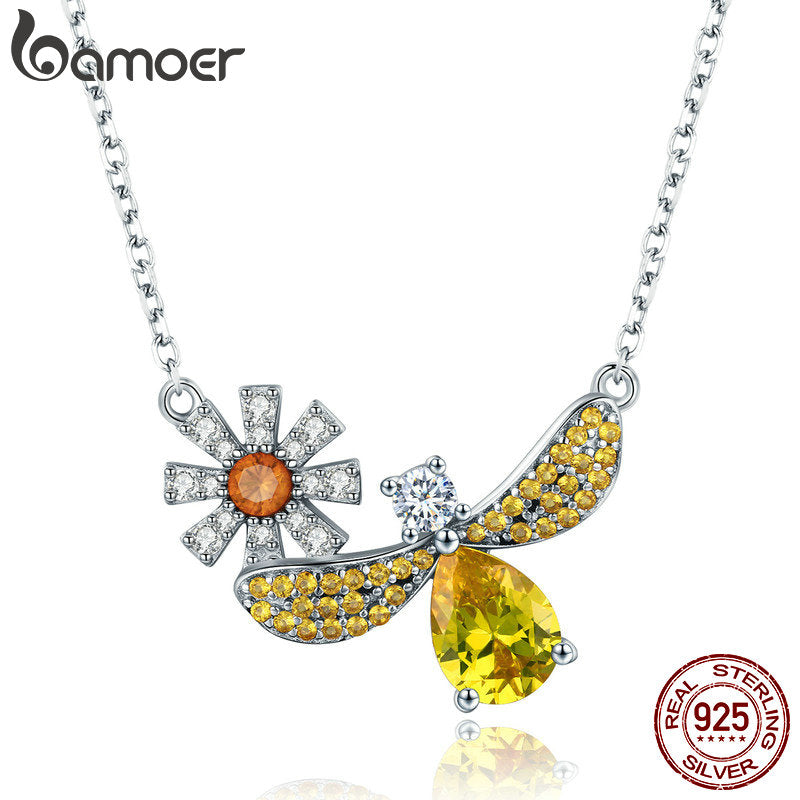 Silver Fashion Daisy with Bee Yellow CZ Pendant Necklaces Women Sterling