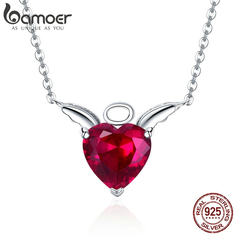 Sterling Silver Angel Wings Red CZ Necklaces Pendant For Women