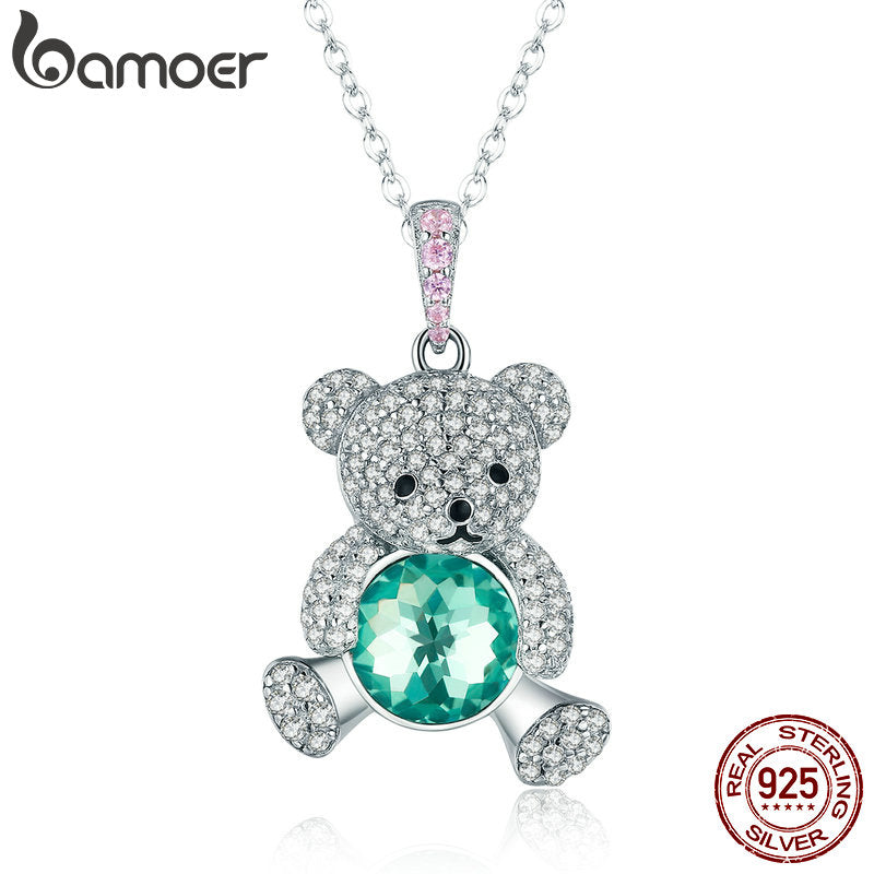 Silver Pendant Crystal Cute Bear Green CZ Necklaces for Women