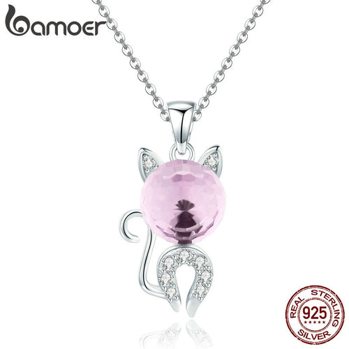 Silver Lovely Cat Pink Crystal CZ Kitten Pendant Necklaces for Women