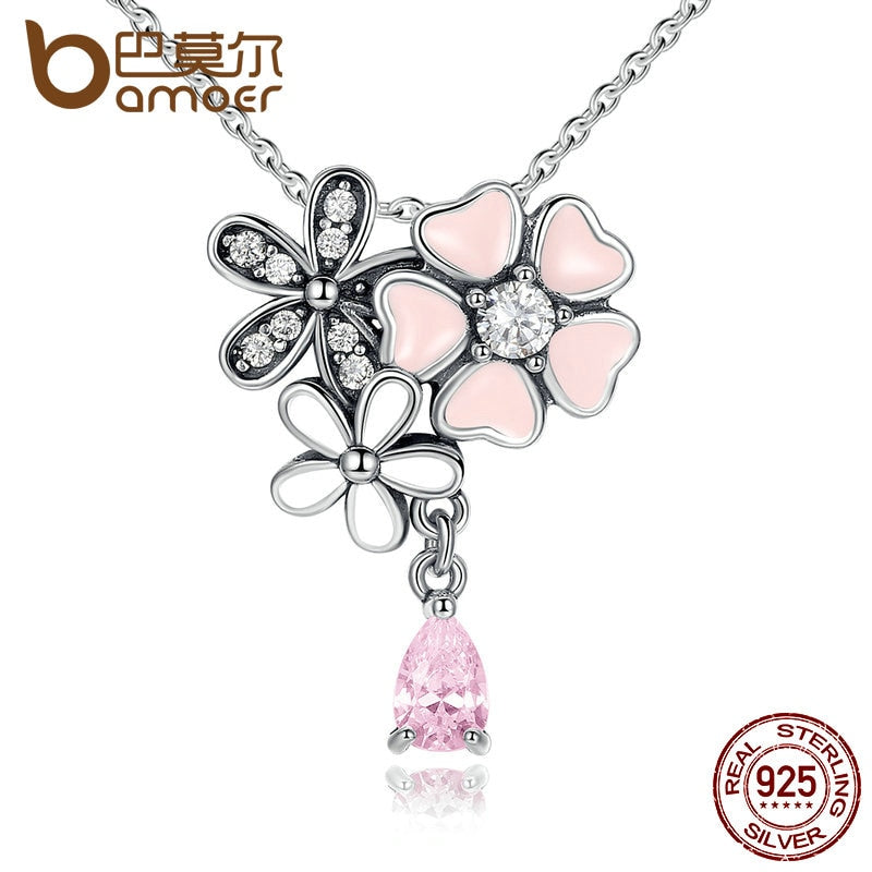 Sterling Silver Pink Heart Blossom Cherry Flower Necklaces