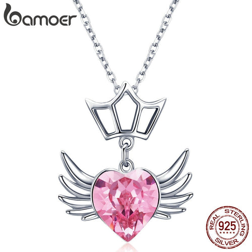 Silver Dream Wings Pink Heart Necklaces Pendants for Women Sterling
