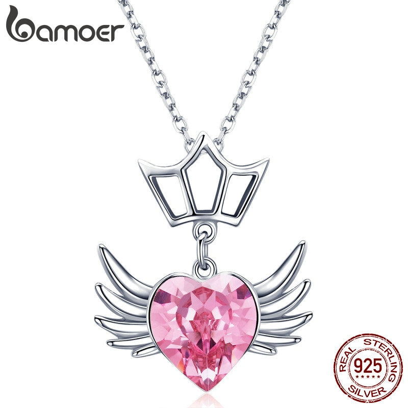 Silver Dream Wings Pink Heart Necklaces Pendants for Women Sterling