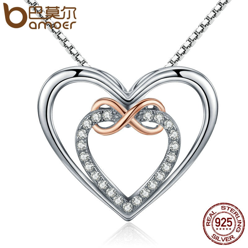Silver Elegant Infinity Love Double Heart Pendant Necklaces for Women