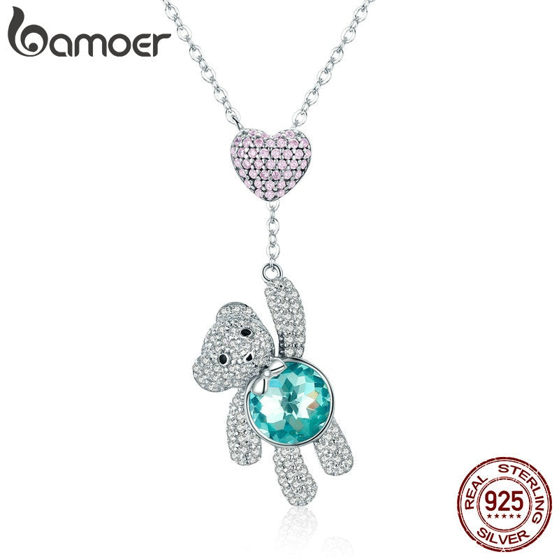 Silver Pink CZ Heart And Cute Bear Animal Pendant Necklaces for Women